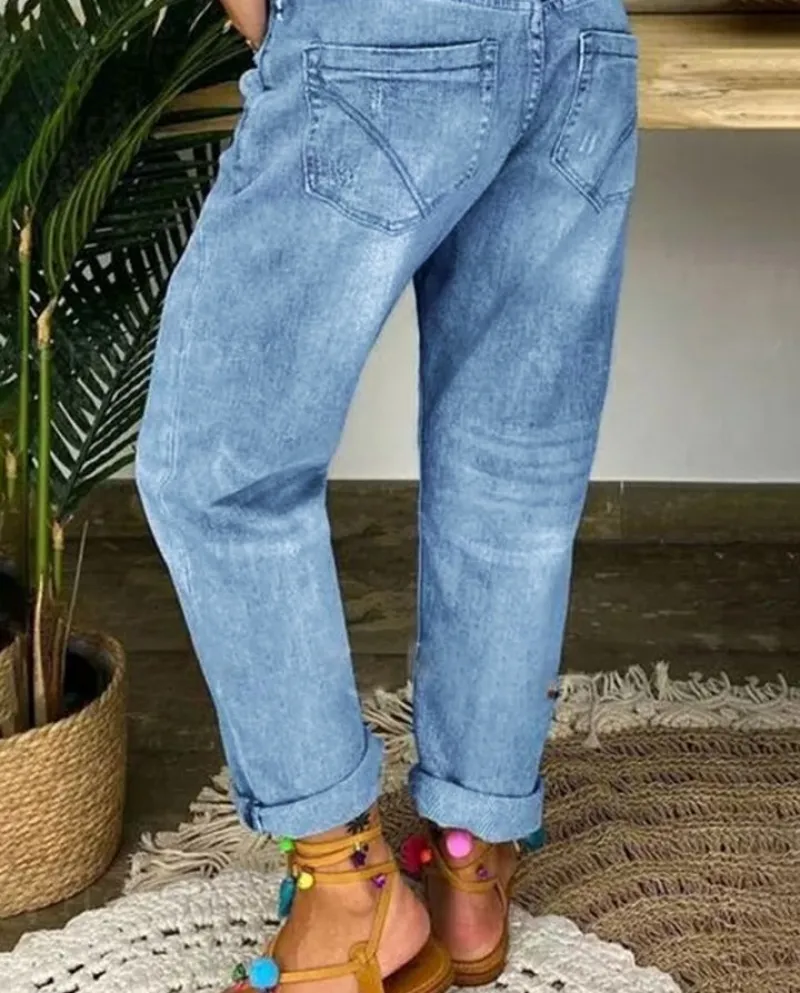 Blue Ripped Loose Straight Jeans Women's Casual Trousers