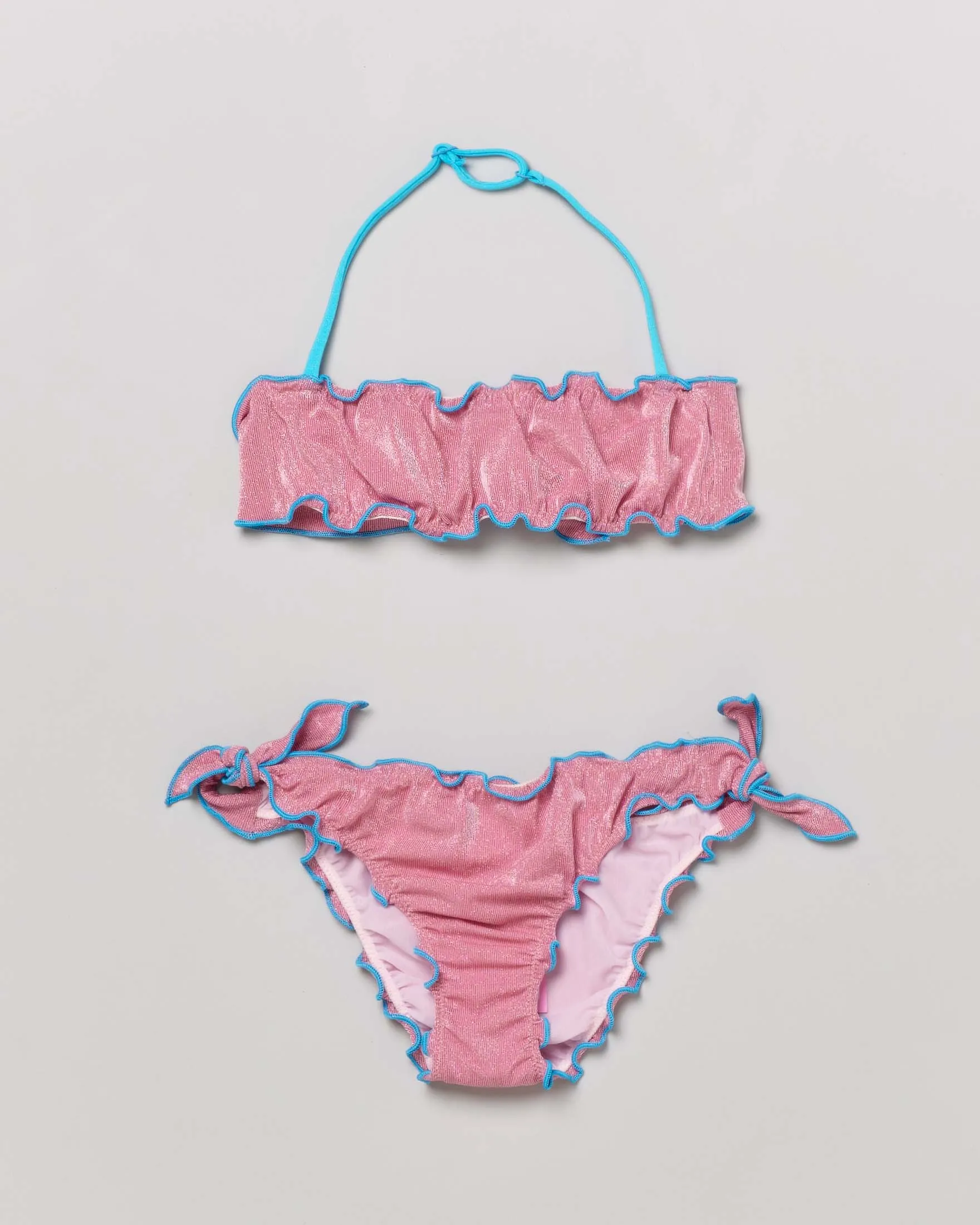 Pink Lurex Bandeau Bikini with Ruffled Edges and Contrast Blue Trims 8-16 years