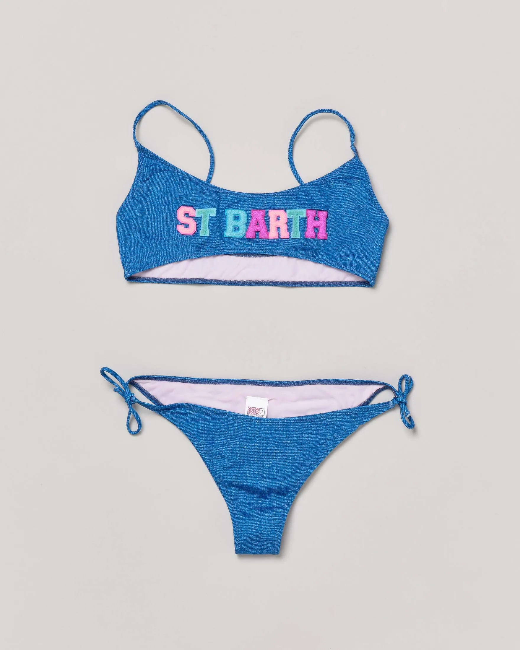 Blue Bralette Bikini in Denim-Effect Fabric with 'St Barth' Multicolor Embroidered Print 14-16 years