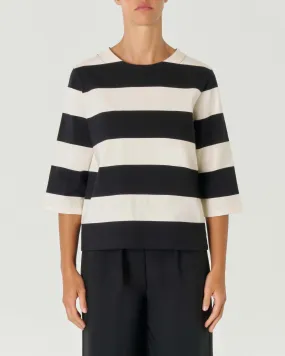 Ivory Cotton Sweater with Black Stripes and Three-Quarter Sleeves