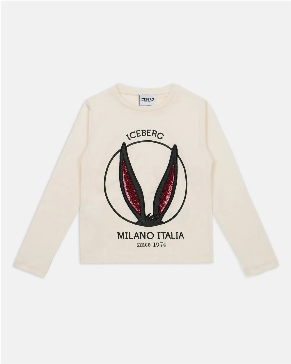 Cream colored crewneck sweatshirt with Looney Tunes graphics and logo