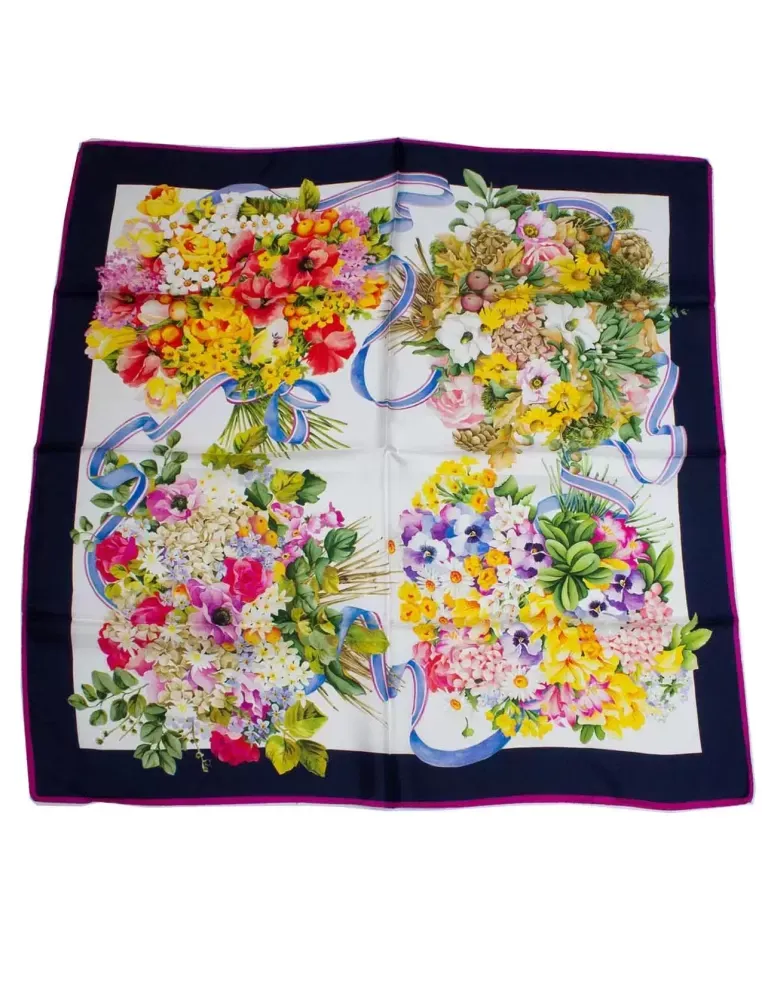 Floral Bouquet Pure Silk Twill Scarf with Blue Border