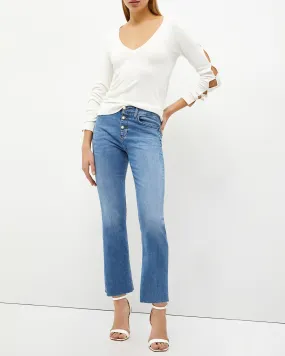 High-Waist Trumpet Cotton Jeans Blue Super Stone Washed with Elastic Waistband and Fringed Hems