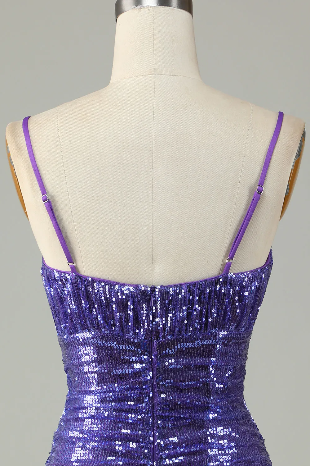 Purple Sequin Spaghetti Strap Tight Short Homecoming Dress