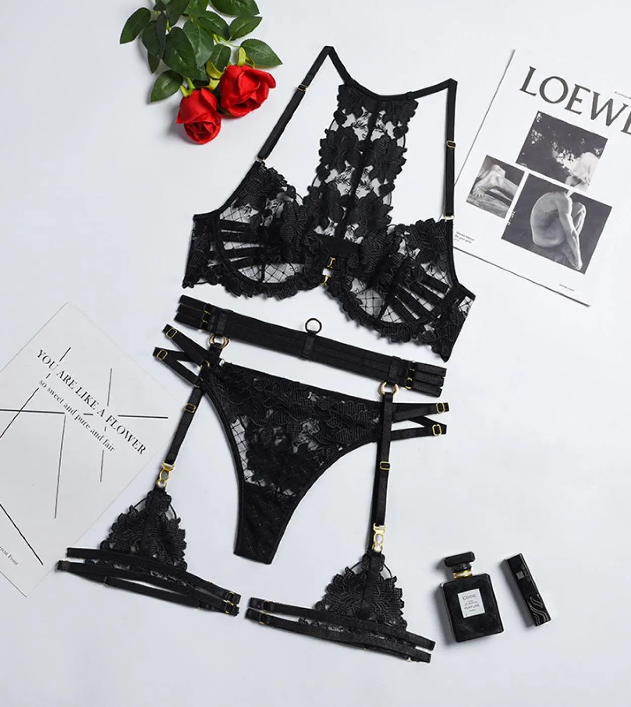 Floral Lace Intimate Set 3-Piece Exotic Halter Set Garter Belt and Black Panties for Women